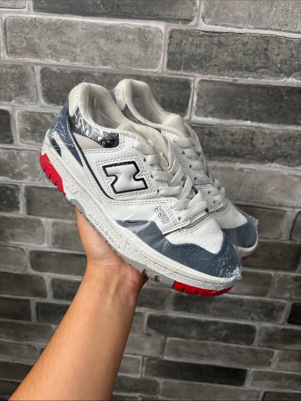 New Balance Kids 550 Sneakers in White, Gray & Red